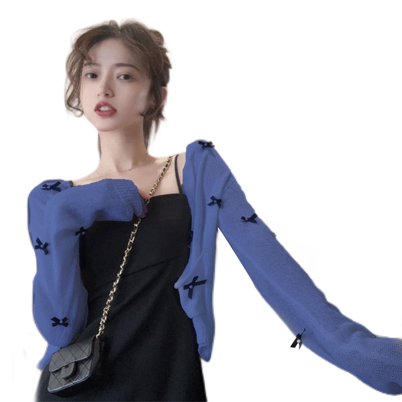 Áo Khoác Cardigan Dệt Kim Mỏng Tay Dài Chống Nắng Cài Nút Thắt Nơ Cho Nữ Bl