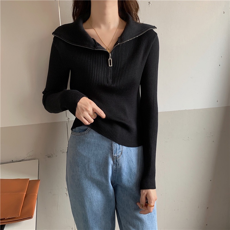 Áo sweater tay dài có dây kéo nửa thời trang mùa thu