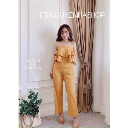 Set đồ 2 dây nữ form áo bồng phối quần ống đứng siêu đẹp, lịch sự đi chơi, dành cho nữ trưởng thành, thanh lịch