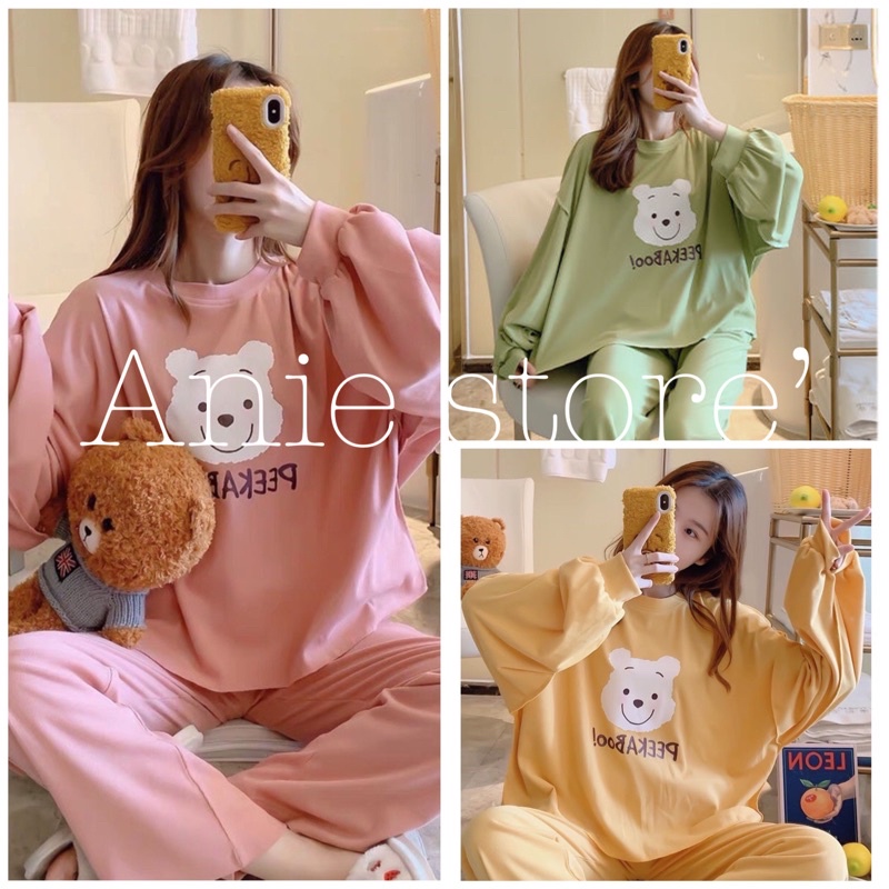 Bộ Pijama Nỉ Gấu PEEKABOO 🦋 Set Quần Áo Thun Dài Tay Dáng Rộng In Hình 2 Màu 🦋