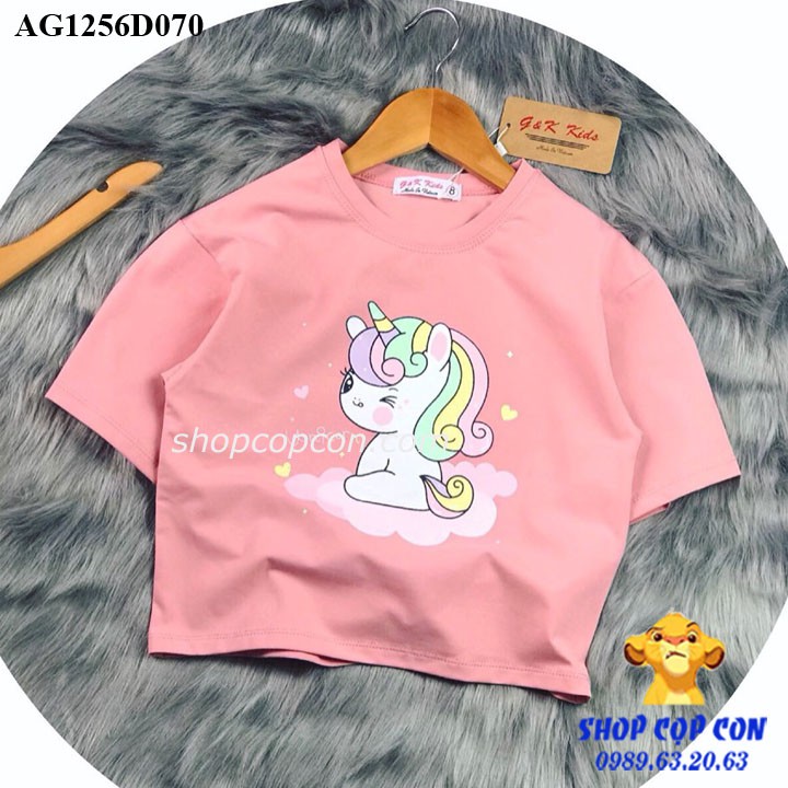 Áo thun croptop hình ngựa 1 sừng cho bé gái từ 24kg đến 38kg