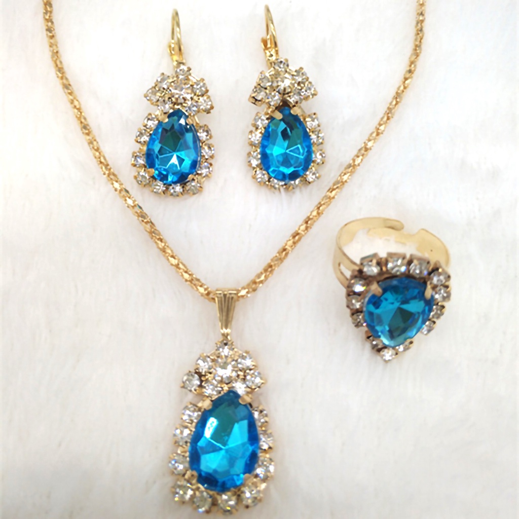 Set trang sức dây chuyền nhẫn và đôi khuyên tai đính đá nhân tạo màu sắc tươi sáng thanh lịch dành cho nữ