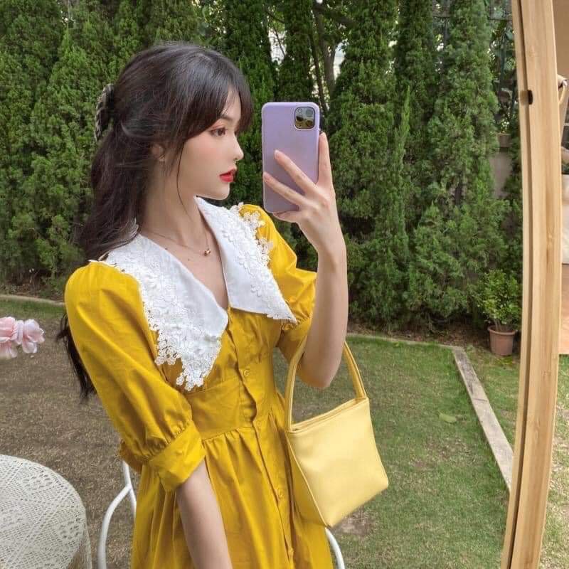 Đầm Vintage Voan Vàng Cổ Màu Trắng Phối Ren Cổ Điển Hot Trend Dịu Dàng TTSA0627