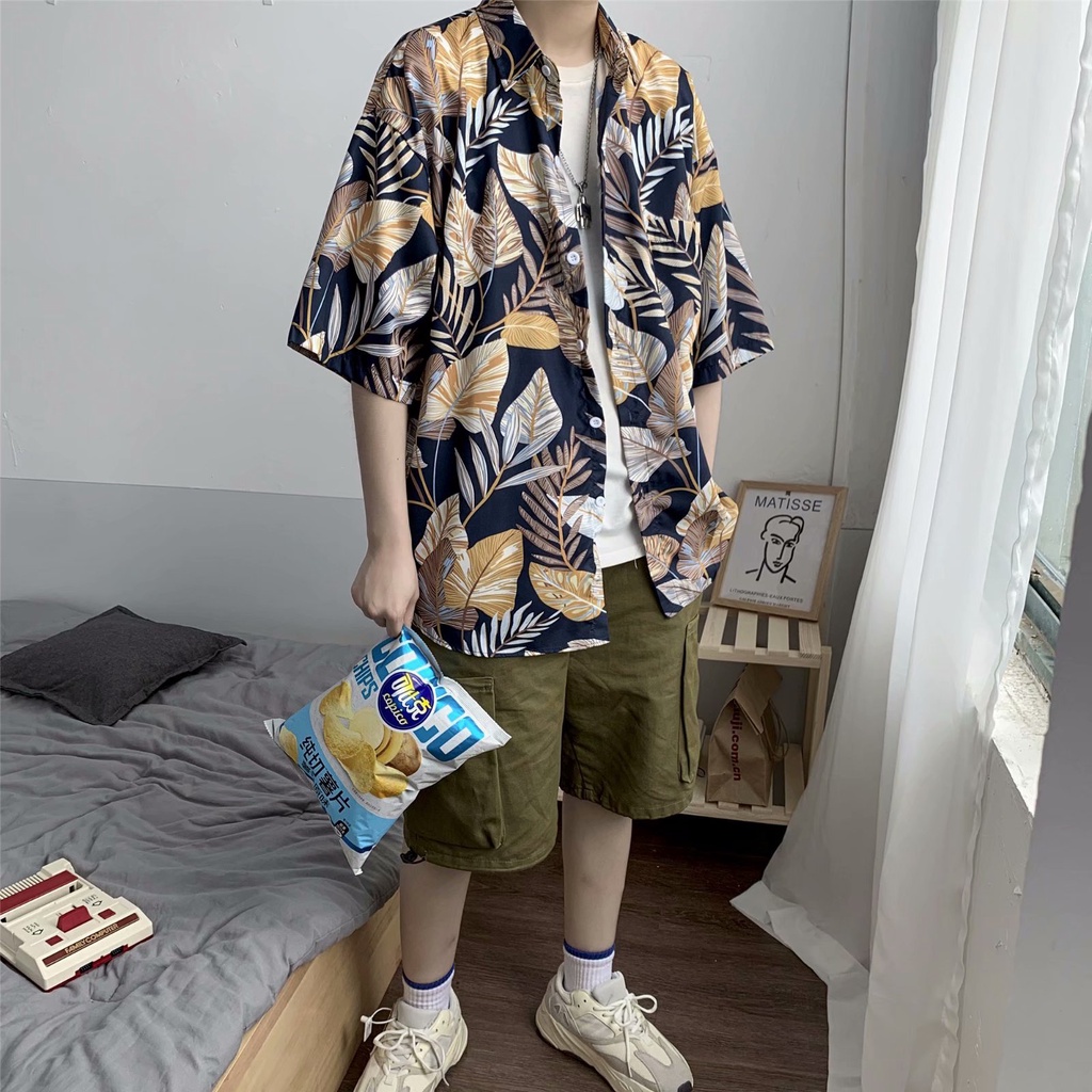 Áo Sơ Mi Tay Ngắn Dáng Rộng Vải Lụa Mát In Họa Tiết Hawaii Phong Cách Retro Thời Trang Mùa Hè