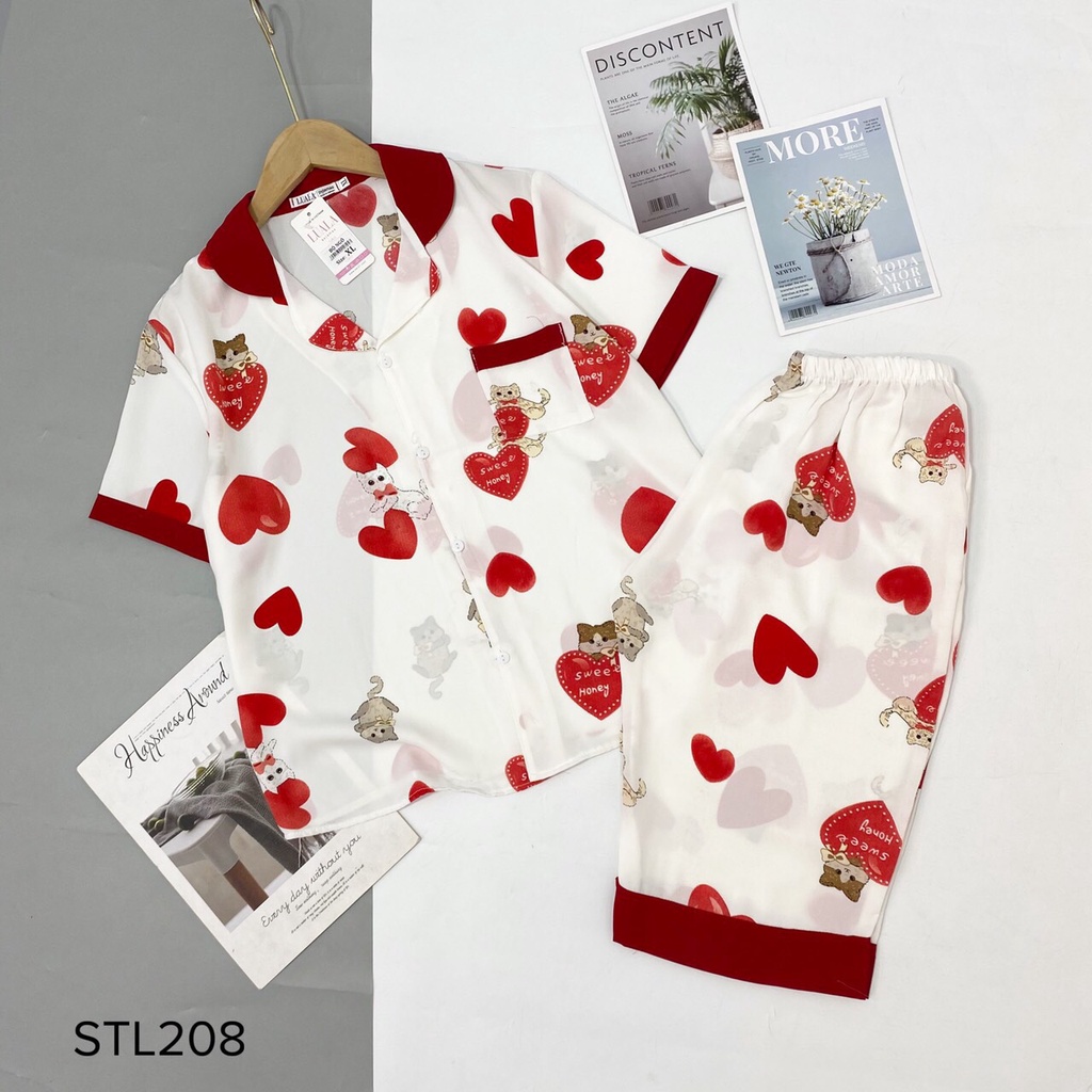 Bộ đồ mặc nhà Pyjamas lụa mango cao cấp, bộ ngủ quần lửng tim đỏ