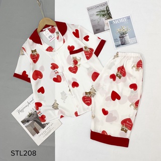 Bộ đồ mặc nhà Pyjamas lụa mango cao cấp, bộ ngủ quần lửng tim đỏ
