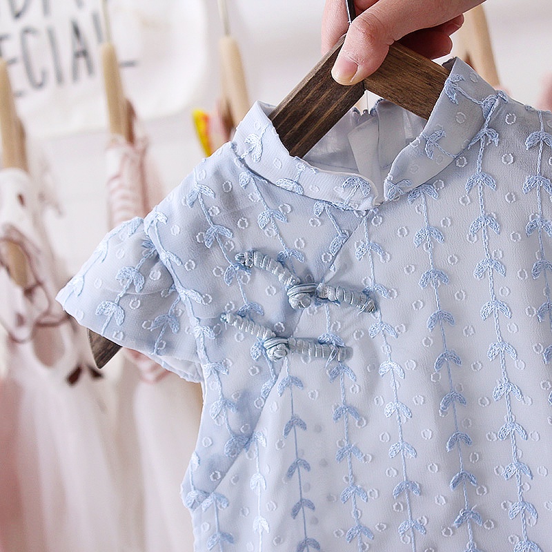 Đầm sườn xám  tay ngắn chất vải cotton phong cách trung hoa cho bé gái 0-5 tuổi