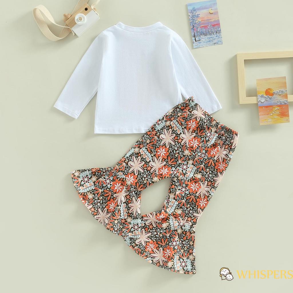 WHISPERS-Baby Kid Girls Pants Set Long Sleeve Letters Print T-shirt with Flower Print Flare Pants Casual Outfit