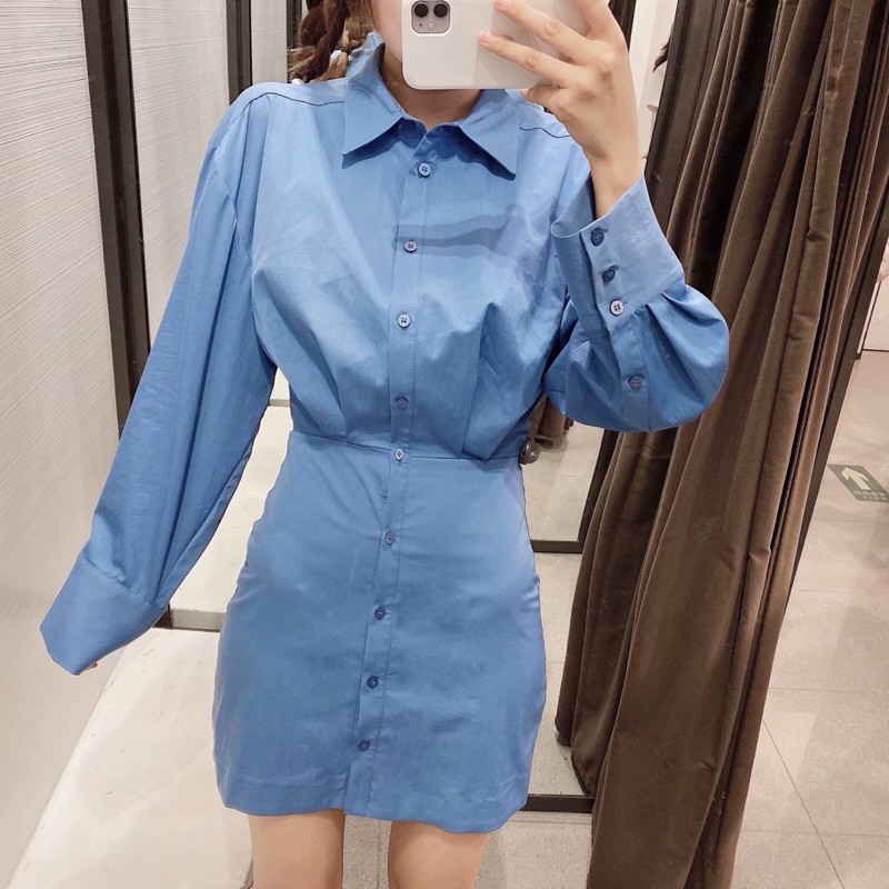 ZARA Đức - Đầm váy sơ mi sale auth new tag cao cấp chính hãng form ôm body ngắn nút tay dài xanh trời dương có sẵn