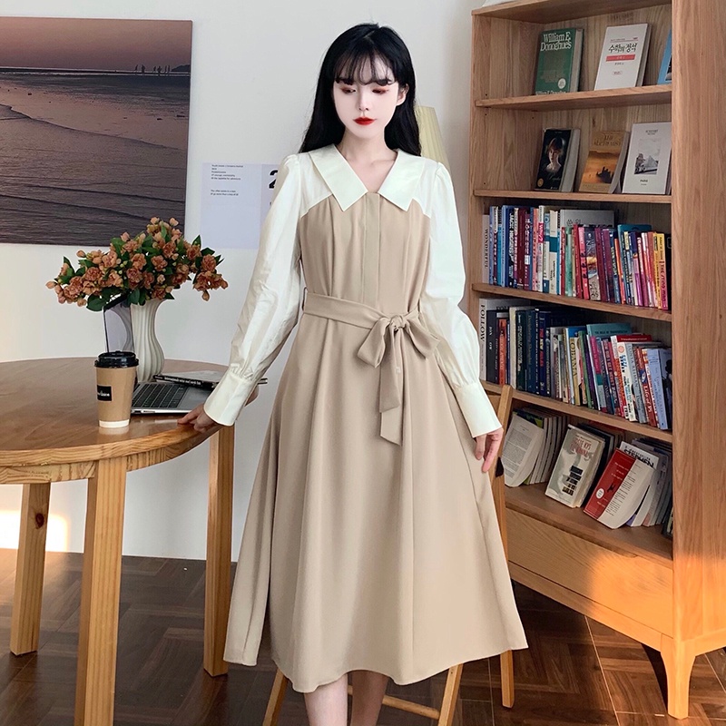 Đầm Sơ Mi Cổ Bẻ Cột Dây Nhấn Eo Cao Tôn Dáng Thời Trang Thu Đông Kiểu Pháp