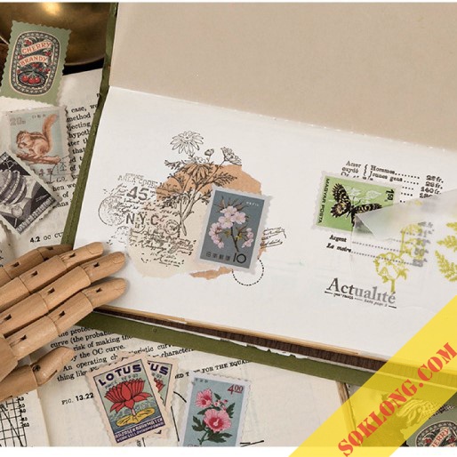 Bộ 46 tem dán Sticker phong cách Retro - Sticker hình tem trang trí sổ Tuệ Minh