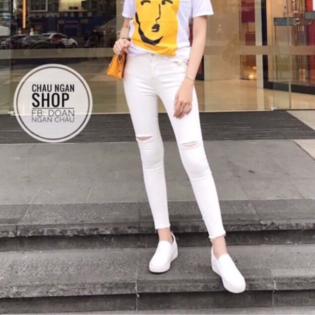 Quần jean đen trắng rách đùi, Quần bò cạp cao co giãn QJ191 - NhiNhi Shop