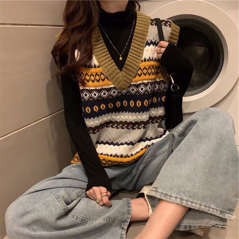 Áo len gile nữ thổ cẩm phong cách uzzang ngọt ngào hàng QC
