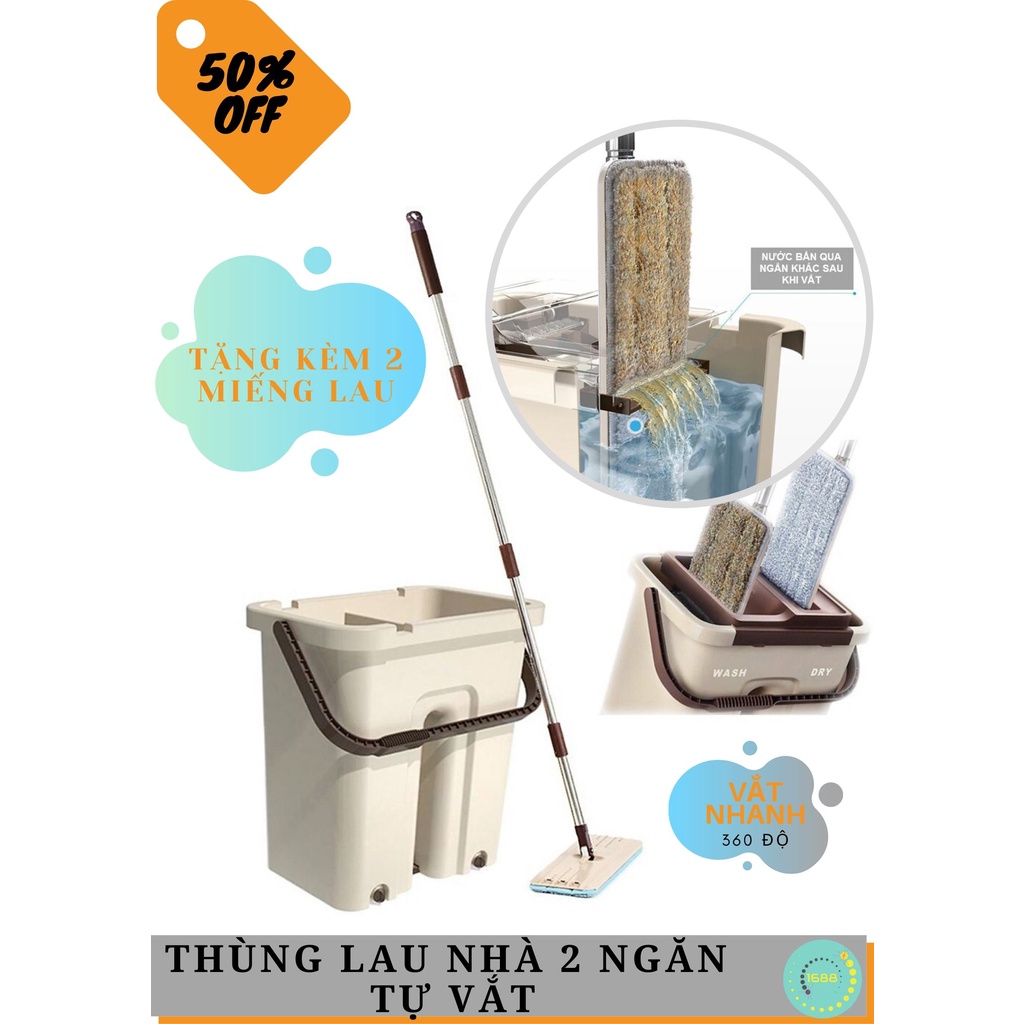 Bộ cây lau nhà tự vắt thông minh cao cấp 360 độ - Bộ cây chổi lau nhà kèm thùng tự gạt nước thông minh 2 ngăn cao cấp