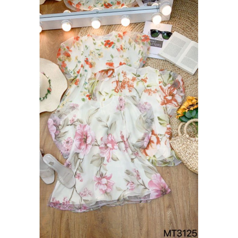 Áo hoa voan kính tay phồng