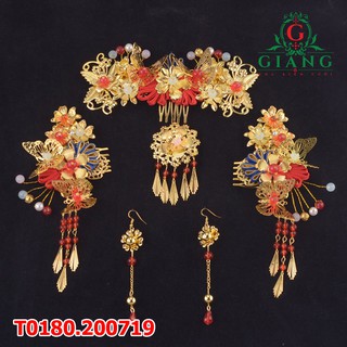 Bộ cài tóc cô dâu lá đồng hoa nỉ xanh phụ kiện cưới Giang