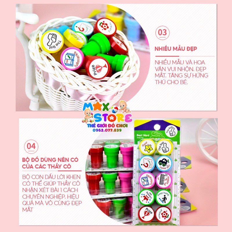 SET 10 CON DẤU STICKER LỜI KHEN THƯỞNG CHO BÉ