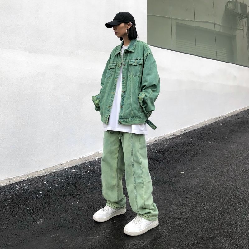 Quần Jeans Hip Hop Ba Chiều Ống Rộng Màu Xanh Lá Phong Cách Retro Đường Phố Cho Nam Và Nữ