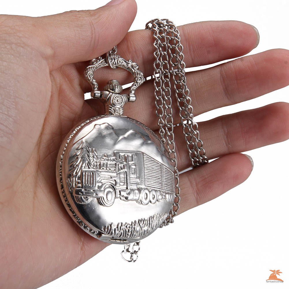 #Đồng hồ bỏ túi# 1pc Men Women Quartz Pocket Watch Silver Truck Carved Case with Chain