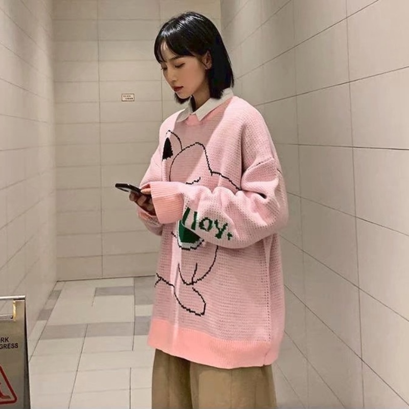 Áo sweater dệt kim tay dài cổ tròn dáng rộng in họa tiết hoạt hình phong cách Hàn Quốc thời trang unisex