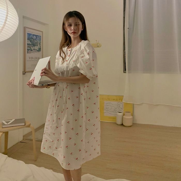 Đầm ngủ tay ngắn in họa tiết quả cherry/ snoopy đáng yêu phong cách thời trang mùa hè cho nữ