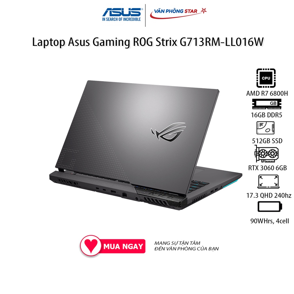 Laptop Asus Gaming ROG Strix G713RM-LL016W (R7 6800H/16GB RAM/512GB SSD/17.3 QHD 240hz/RTX 3060 6GB/Win11/Balo/Xám)