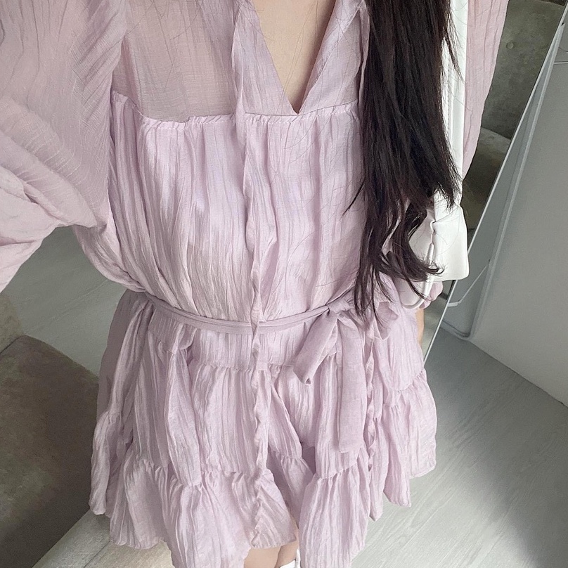Váy babydoll dáng ngắn, váy đầm nữ dài tay tầng 2 lớp voan tơ xước freesize phom suông thắt eo hàn quốc Wikishop C1092