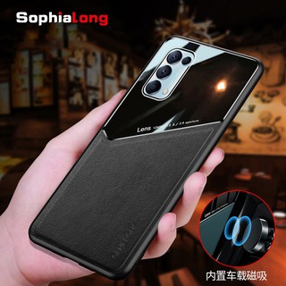 Ốp điện thoại nhựa PC cứng phối da có thể sử dụng nam châm trên xe hơi cao cấp cho Oppo Reno 5 Reno5 Pro Plus 