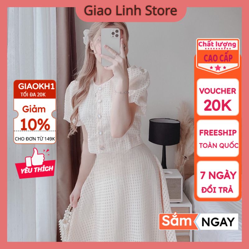 Set chân váy trắng xòe dài qua gối mix áo croptop tay phồng cổ tròn tay ngắn chất ren lưới 2 màu