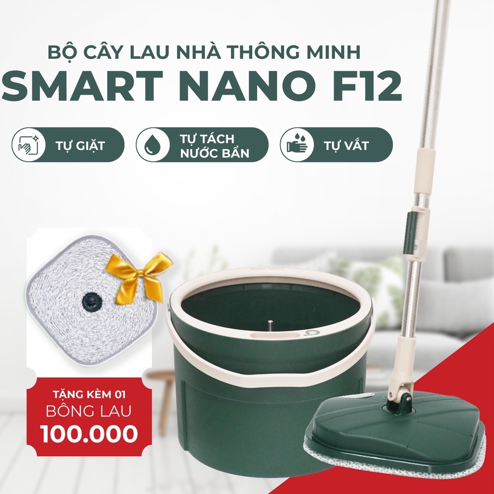 Chổi Lau Nhà Thông Minh Smart Nano F12 - Cây Lau Nhà Xoay 360 Độ Tự Động Tách Nước Bẩn