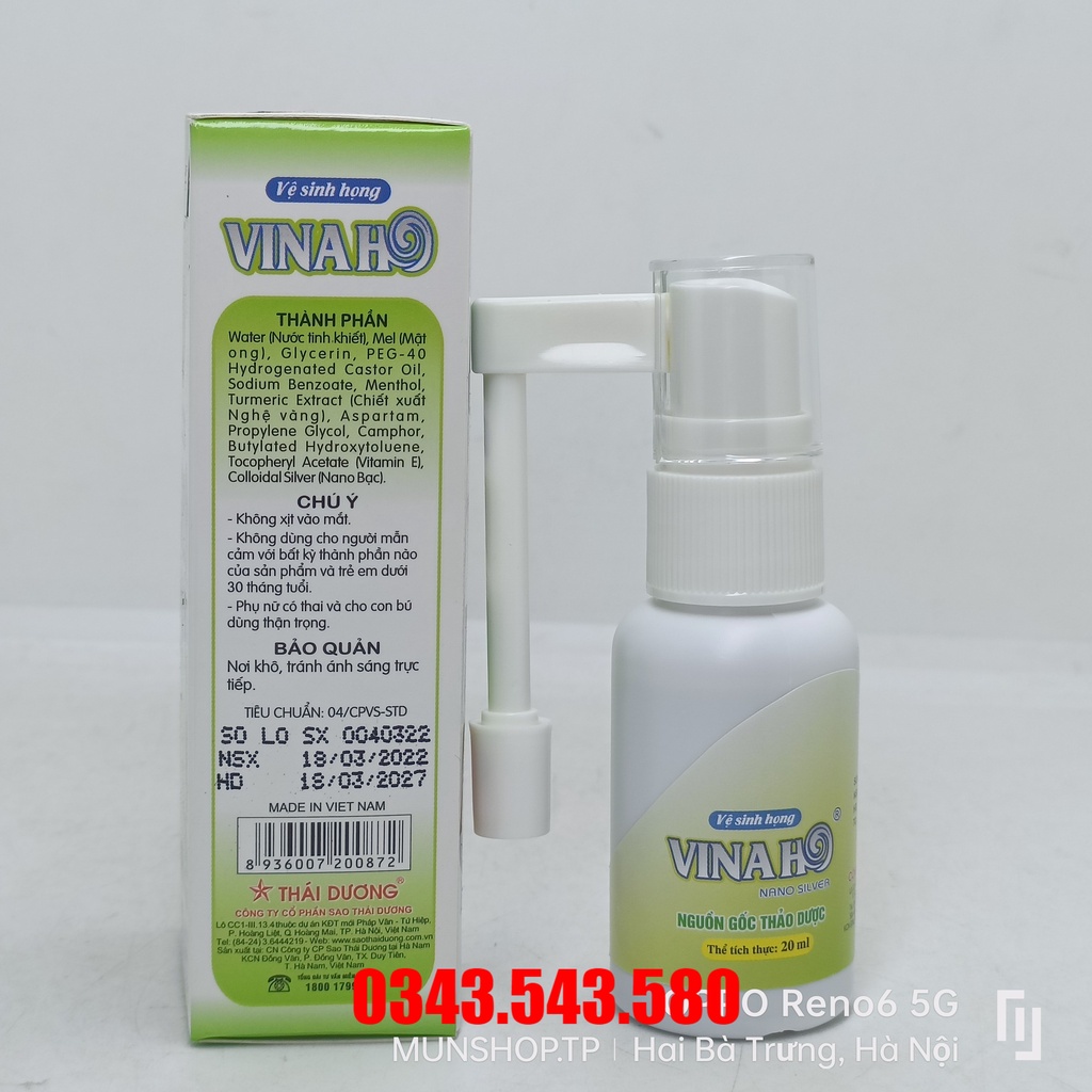 Xịt họng VINAHO Sao Thái Dương - Hỗ trợ làm giảm các chứng ho chai xịt 20ml