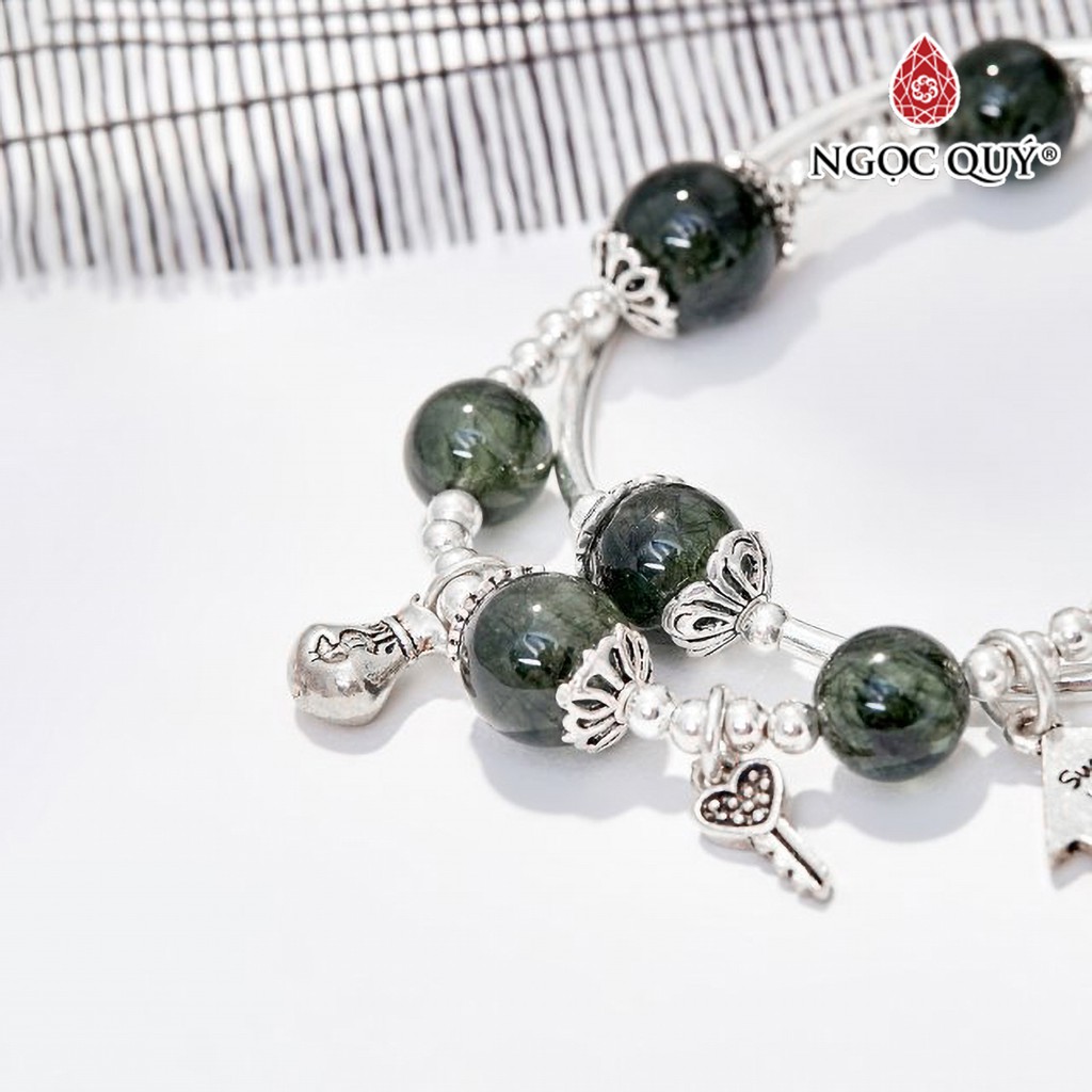 Vòng tay đôi TA tóc xanh phối charm bạc - Ngọc Quý