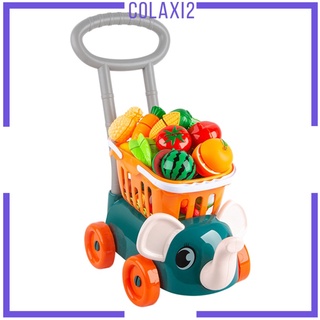 Deluxe Shopping Cart Cutting Food Education Toy for Kids 34PCS Green