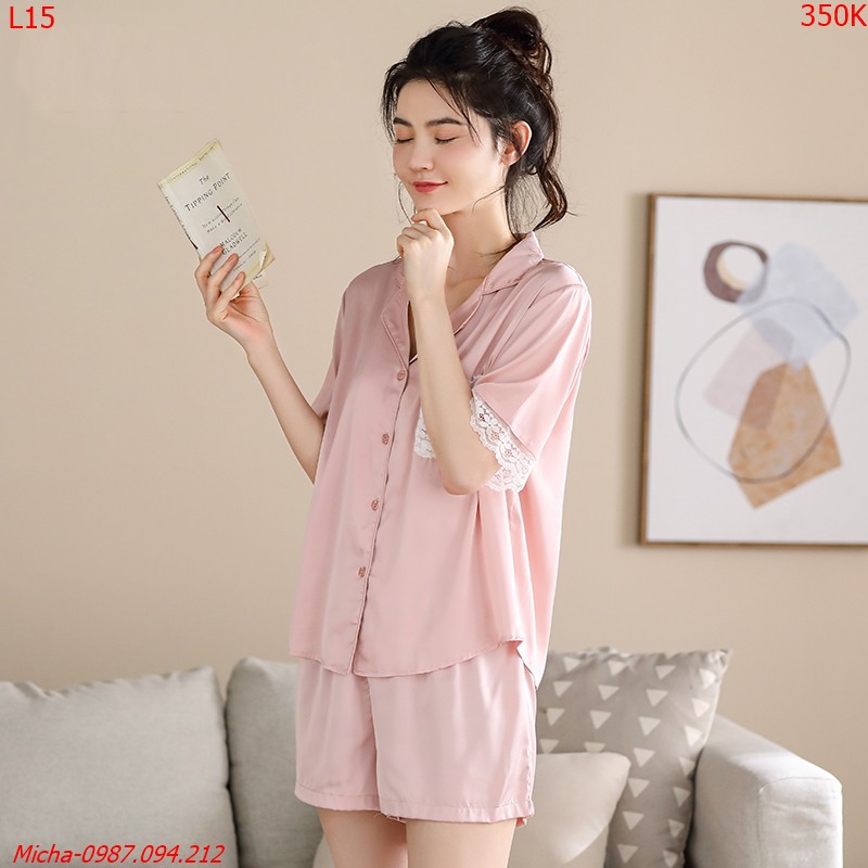 Bộ lụa màu hồng baby tay ren xinh xắn - Micha L15