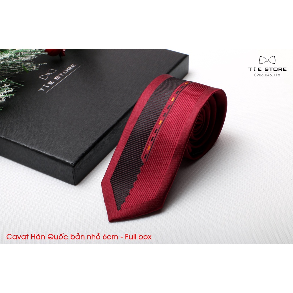 Cà Vạt Nam Bản nhỏ 6cm đỏ họa tiết - Cavat Hàn Quốc Cao Cấp Full box