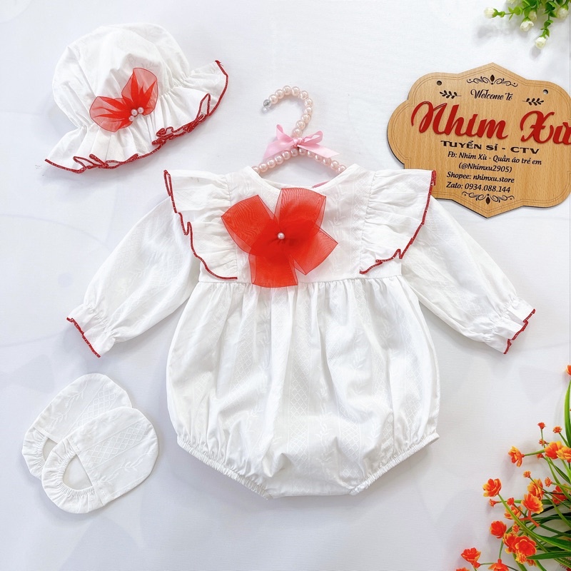 Bodysuit Nơ Handmade Bé Gái 3 Đến 12kg, Áo Liền Quần Bé Gái Chất Thô Nhật [A063]