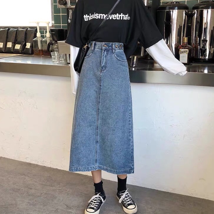 Váy jean dài cạp cao, váy jean xòe xẻ gấu phong cách_a9