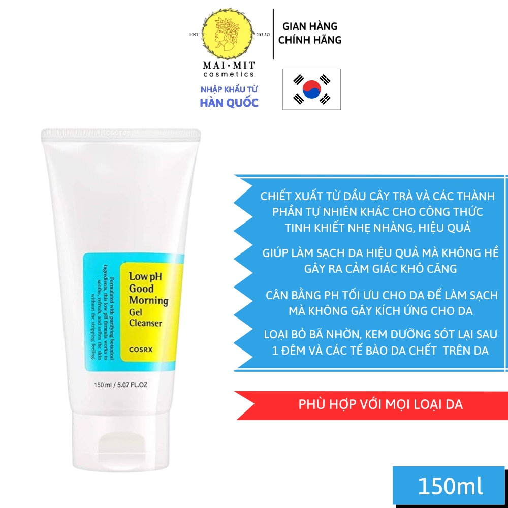 Sữa rửa mặt Cosrx Low Ph Good Morning Gel Cleanser dịu nhẹ, ngăn ngừa mụn 150ml