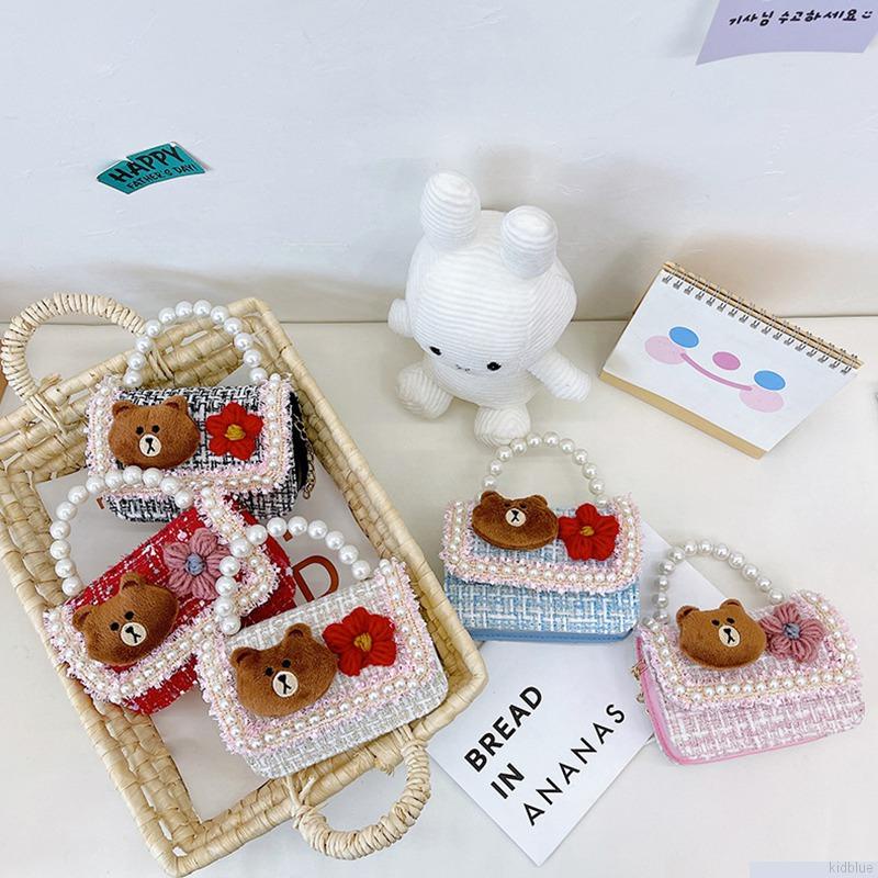 Túi đeo chéo mini đính hoa ngọc trai hình gấu hoạt hình dễ thương cho bé gái