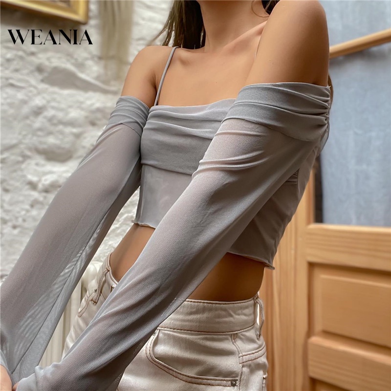 Áo Crop Top Tay Dài Trễ Vai Phối Lưới Y0429