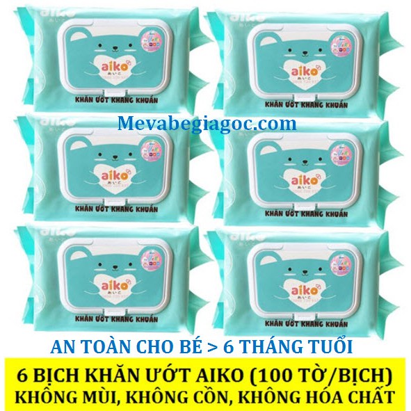 (Made in Việt Nam) COMBO 6 Bịch Khăn ướt Aiko phù hợp cho Bé trên 6 tháng tuổi (100 tờ/Bịch) (Màu xanh)