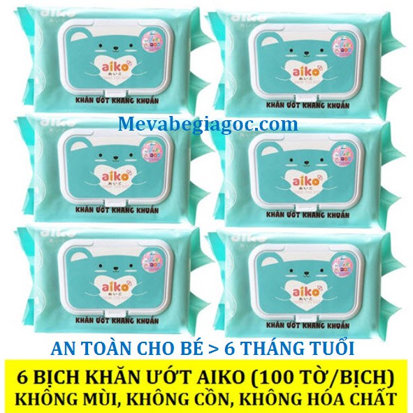 (Hàng VN Chất Lượng Cao) COMBO 6 Bịch Khăn ướt Aiko phù hợp cho Bé trên 6 tháng tuổi (100 tờ/Bịch) (Màu xanh)