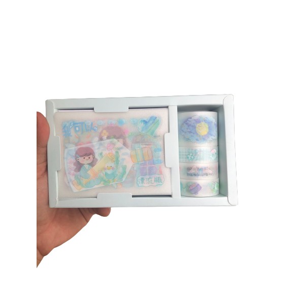 Set Combo Hộp Washi tape và giấy dán Sticker cao cấp họa tiết hoạt hình dễ thương