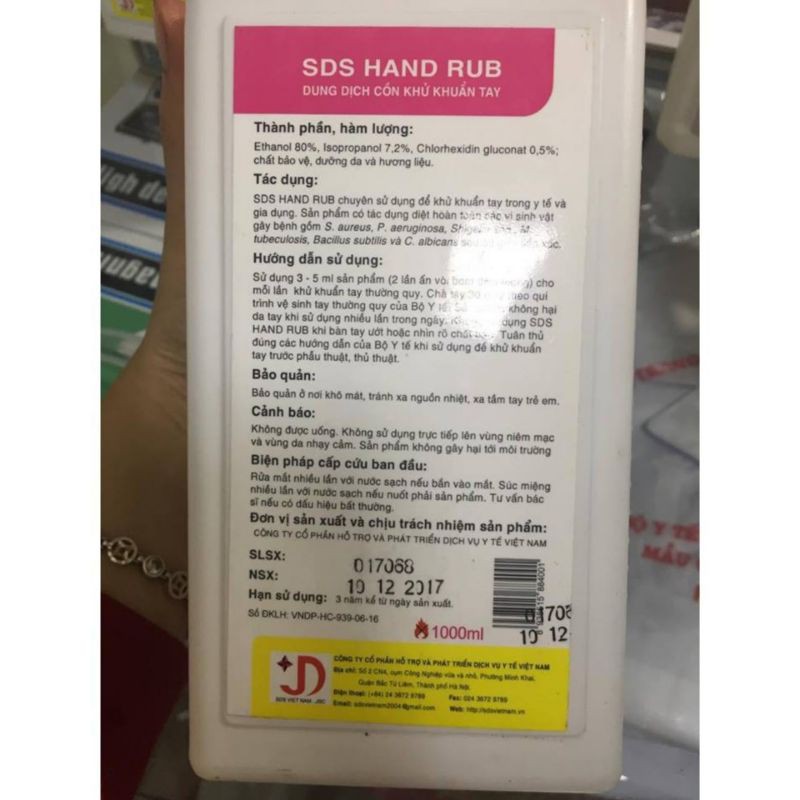 Dung dịch cồn khử khuẩn tay SDS/ Dung dịch rửa tay nhanh SDS 500ml