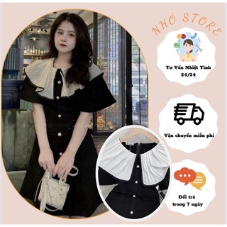 ( Bigsize )Váy midi cổ sen siêu xinh - đầm đen tay cộc phối cổ trắng sang chảnh - hàng cao cấp loại 1