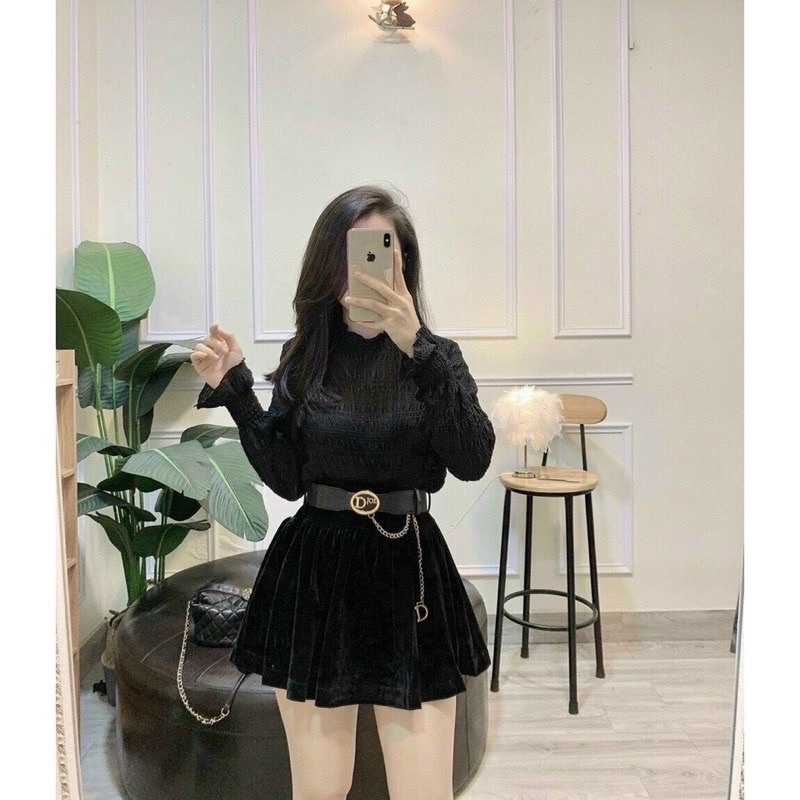 Chân váy nhung đen xoè kèm đai da DO hot hit siêu đẹp l1 hp hv