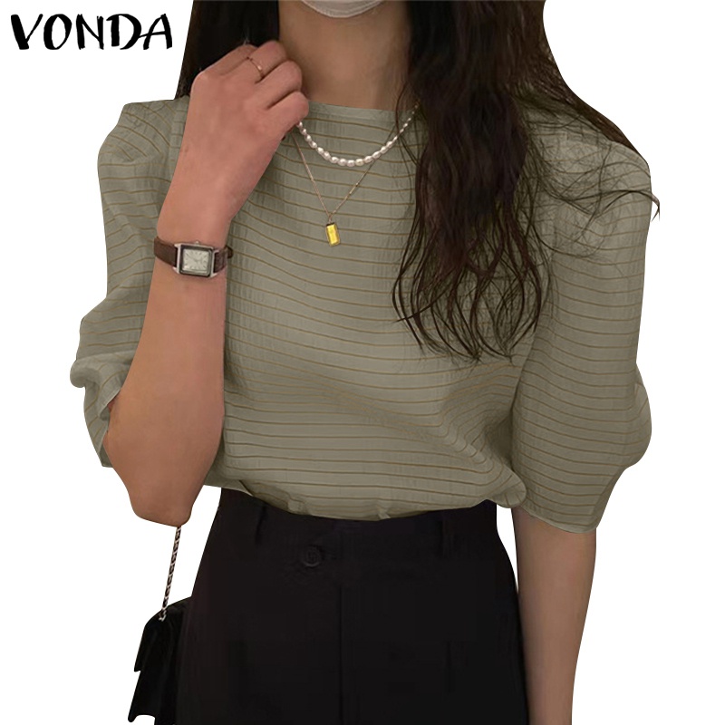 Áo VONDA cổ tròn tay lỡ họa tiết kẻ sọc phong cách Hàn Quốc thời trang cho nữ