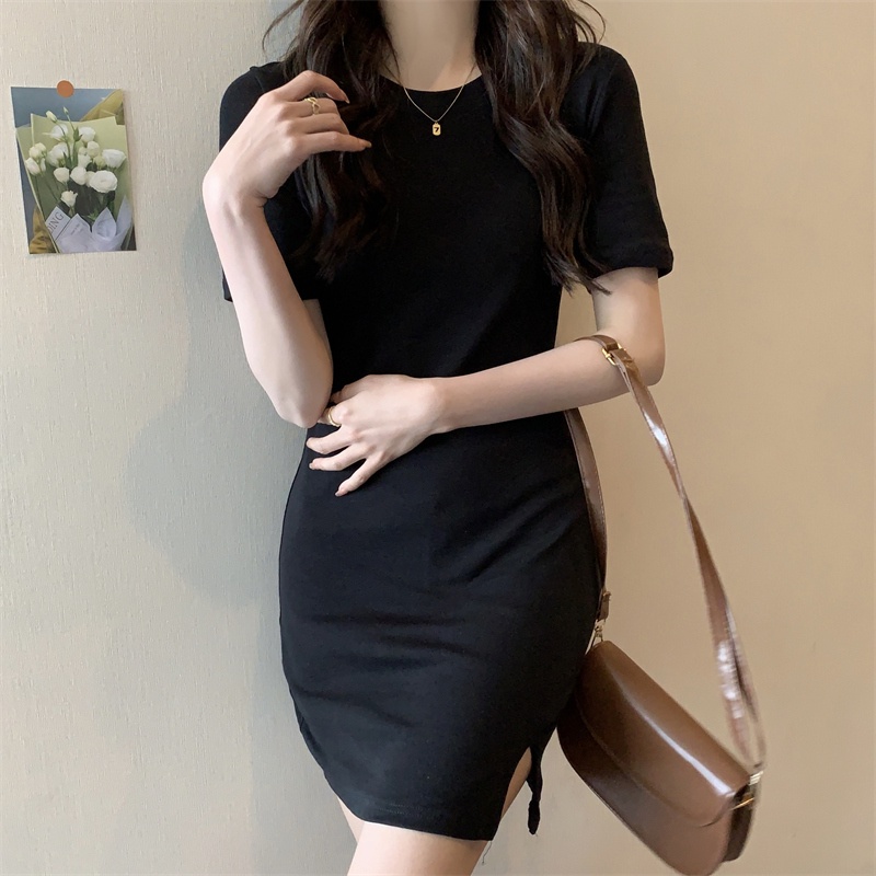 SUXI Đầm Midi Dáng Ôm Ngắn Màu Trơn Thời Trang Mùa Hè Hàng Mới Phong Cách Hàn Quốc