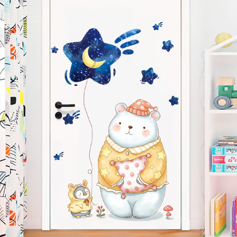 Decal trang trí dán tủ, dán tường, dán cửa phòng bé hình GẤU VÀ CHIM CÁNH CỤT kích thước 108x70cm