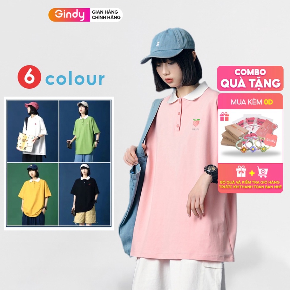 (Sẵn) Áo phông thun nữ polo GINDY họa tiết hoa trái cây cổ bẻ cotton tay lỡ form rộng unisex basic vải cotton thoáng mát